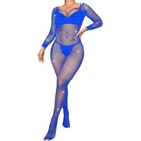 Sexy Lingerie for Women Fishnet Bodystocking Sparkle Dancer Rave Outfits Sheer Mesh Jumpsuit Full Rhinestone Bodysuit