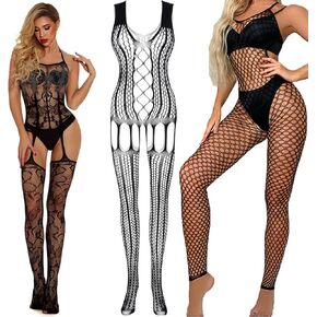 Women's Mesh Lingerie Black Fishnet Baby Dolls Mini Dress Free Size Bodysuit See Through Shirts 3Pack