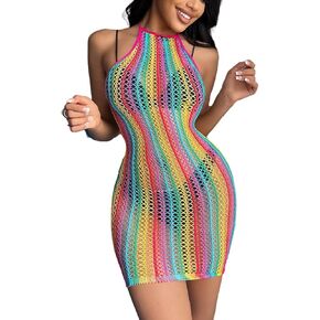 نساء مثير قوس قزح مخطط انظر من خلال شبكة bodysuit mesh