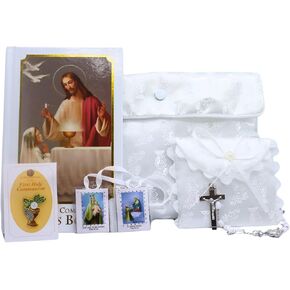 Candy Creations On Cloud 9 Girls First Communion Gift Set with Satin Purse, Mass Book, Rosary, Scapular, Rosary Case, and Pin, White, KS043