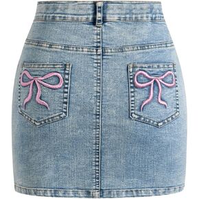 Girl's Bow Denim Skirts Embroided Mini Skirts High Waisted Casual Bodycon Jean Skirt with Pockets Light Wash 11Y