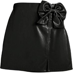 Girl's Cute PU Leather Skirt Elastic High Waist Split Hem Bow Front Mini Skirts Black# 9Y