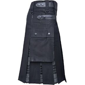 Men's Modern Scottish Hybrid Utility Kilt - Black Cotton & Acrylic Wool Tartan Kilt for men with Leather Straps- Black Watch