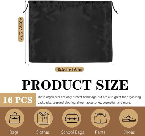 16pcs Purse Covers for Dust and Storage, Dust-Proof Silk Bags with Drawstring, Drawstring Bags Travel Pouches for Handbags Shoes Purses Boots(Black) in Kuwait