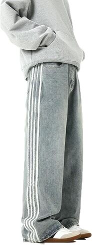 Mens Baggy Denim Jeans Casual Striped Pants Straight Wide Leg Jeans Oversized Hip Hop Pants Vintage Skater Track Jeans in Kuwait