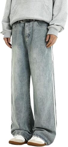 Mens Baggy Denim Jeans Casual Striped Pants Straight Wide Leg Jeans Oversized Hip Hop Pants Vintage Skater Track Jeans in Kuwait