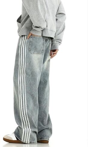 Mens Baggy Denim Jeans Casual Striped Pants Straight Wide Leg Jeans Oversized Hip Hop Pants Vintage Skater Track Jeans in Kuwait