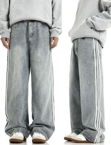 Mens Baggy Denim Jeans Casual Striped Pants Straight Wide Leg Jeans Oversized Hip Hop Pants Vintage Skater Track Jeans in Kuwait
