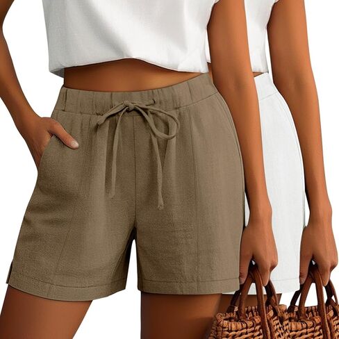 Riyiper 2 Pack Casual Linen Shorts for Women, Drawstring Elastic Waist Split Side Summer Line Comfy Lounge Short with Pocket in Saudi Arabia