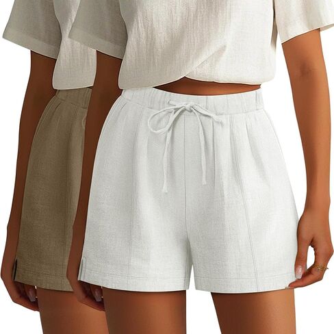 Riyiper 2 Pack Casual Linen Shorts for Women, Drawstring Elastic Waist Split Side Summer Line Comfy Lounge Short with Pocket in Saudi Arabia