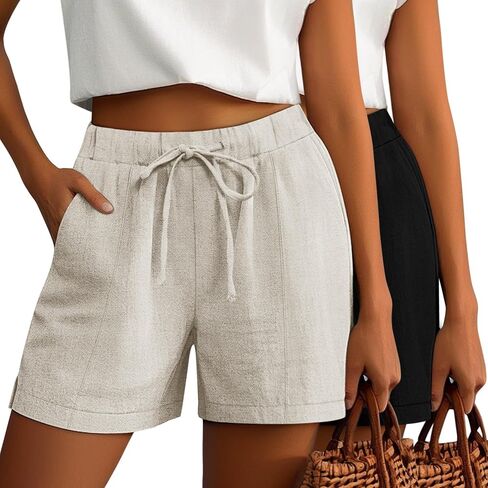Riyiper 2 Pack Casual Linen Shorts for Women, Drawstring Elastic Waist Split Side Summer Line Comfy Lounge Short with Pocket in Saudi Arabia
