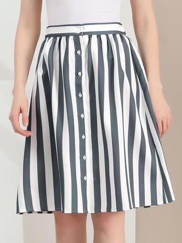 Allegra K Women's Striped Button Front Elastic Back Waist A-Line Midi Skirt in Kuwait
