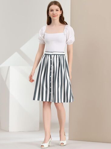 Allegra K Women's Striped Button Front Elastic Back Waist A-Line Midi Skirt in Kuwait