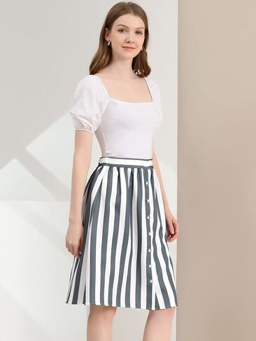 Allegra K Women's Striped Button Front Elastic Back Waist A-Line Midi Skirt in Kuwait