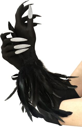 Halloween Long Nail Gloves Witch Black Feather Cuffs Gloves Cosplay with Demon Accessories in Kuwait