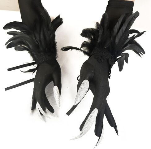 Halloween Long Nail Gloves Witch Black Feather Cuffs Gloves Cosplay with Demon Accessories in Kuwait