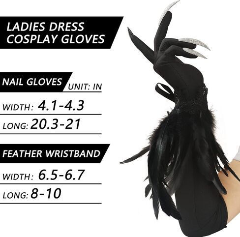 Halloween Long Nail Gloves Witch Black Feather Cuffs Gloves Cosplay with Demon Accessories in Kuwait