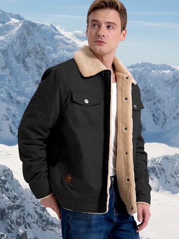 NAVEKULL Men's Warm Winter Jacket Thick Cotton Fleece Lined Work Coat Thermal Lapel Sherpa Cargo Trucker Jacket in Kuwait