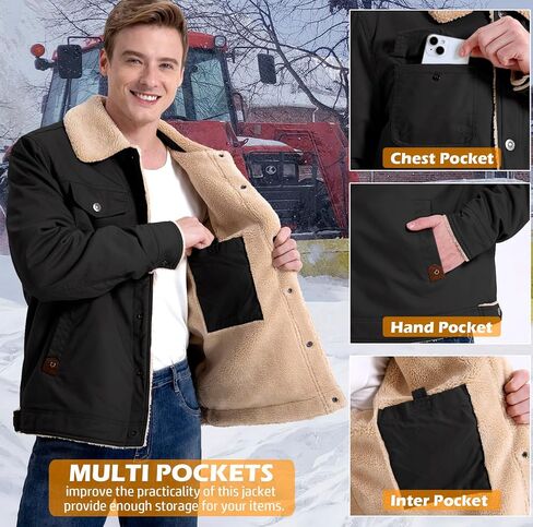 NAVEKULL Men's Warm Winter Jacket Thick Cotton Fleece Lined Work Coat Thermal Lapel Sherpa Cargo Trucker Jacket in Kuwait