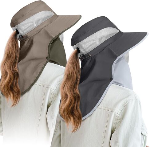 2 حزمة نساء في الهواء الطلق قبعة شمس واسعة مع رفرف وجه الرقبة ، UPF 50 حماية الصيد قبعات عمل حديقة العمل مع ذيل الحصان in Kuwait