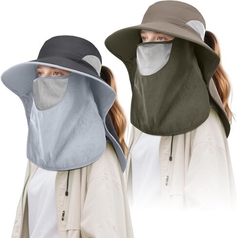 2 حزمة نساء في الهواء الطلق قبعة شمس واسعة مع رفرف وجه الرقبة ، UPF 50 حماية الصيد قبعات عمل حديقة العمل مع ذيل الحصان in Kuwait