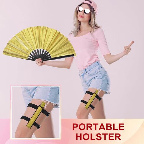PATIKIL Glitter Clack Rave Fan with Holster, Large Holder Folding Hand Fan Holder Handheld Fan for Edm Festival Club Party Dance in Saudi Arabia