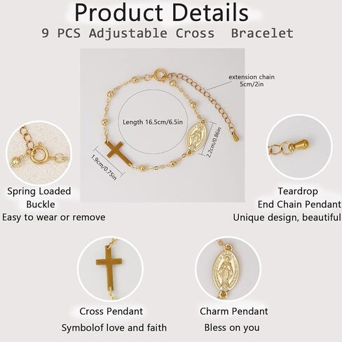 COLOYAN 9PCS Rosary Cross Bracelet for Women Faith, Cross Pendant Bracelet Charm Link Chain, Adjustable 14K Gold Plated Cross Bracelets Jewelry for Her in Saudi Arabia
