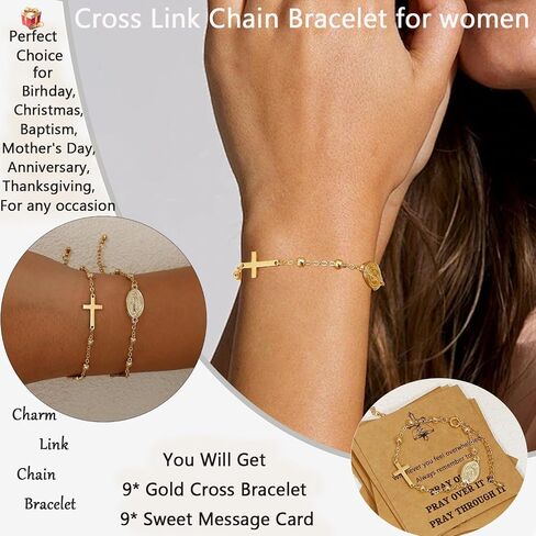 COLOYAN 9PCS Rosary Cross Bracelet for Women Faith, Cross Pendant Bracelet Charm Link Chain, Adjustable 14K Gold Plated Cross Bracelets Jewelry for Her in Saudi Arabia