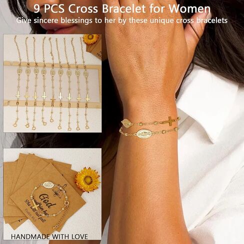 COLOYAN 9PCS Rosary Cross Bracelet for Women Faith, Cross Pendant Bracelet Charm Link Chain, Adjustable 14K Gold Plated Cross Bracelets Jewelry for Her in Saudi Arabia
