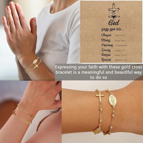 COLOYAN 9PCS Rosary Cross Bracelet for Women Faith, Cross Pendant Bracelet Charm Link Chain, Adjustable 14K Gold Plated Cross Bracelets Jewelry for Her in Saudi Arabia