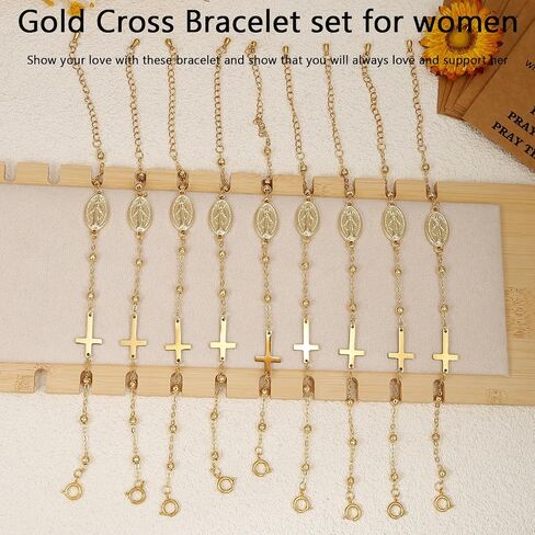 COLOYAN 9PCS Rosary Cross Bracelet for Women Faith, Cross Pendant Bracelet Charm Link Chain, Adjustable 14K Gold Plated Cross Bracelets Jewelry for Her in Saudi Arabia