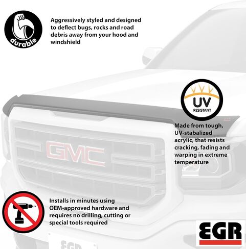 EGR 301581-SuperGuard Hood Shield Compatible with 2014-2019 GMC Sierra 1500 / 2500HD / 3500HD - Dark Smoke Bug Deflector - UV-Resistant Acrylic - No Drill Install - Made in the USA in Saudi Arabia