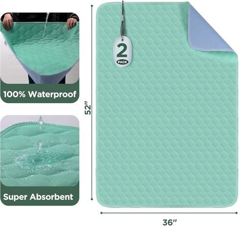 Hide Stains Bed Pads Washable Waterproof for Incontinence, 4-Layer Absorbency Pee Pads, Washable Underpad, Bed Wetting Pad for Elderly, Adults, Pets, 36"x52"-4 Pack, Green in Kuwait