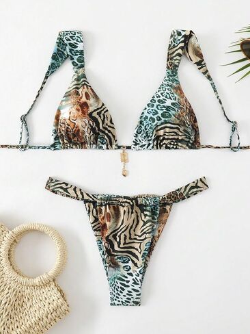 Women's 2 Piece Cheeky Bikini Sets Leopard Print Tie Back Bathing Suit Sexy Triangle Swimsuit in Saudi Arabia