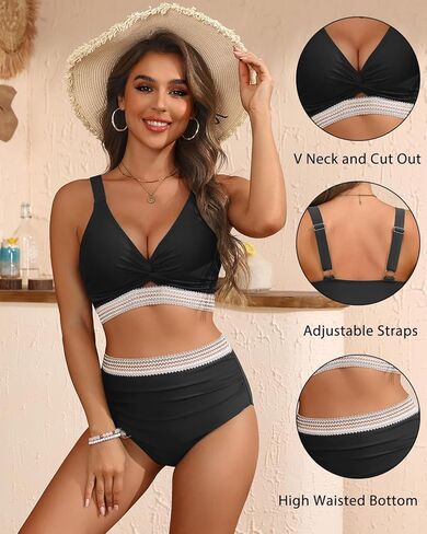 بيكيني Yonique للسيدات عالية الخصر - تويست الأمامي من قطعتين من ملابس السباحة كتلة التغطية الكاملة بدلة السباحة in Kuwait