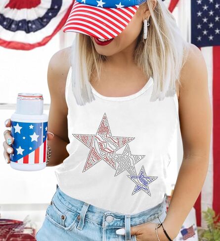 USA Tank Tops Women: Flag Sequin Tank Patriotic Shirts 4th of July Sleeveless T Shirt Summer Casual Bling Tops in Saudi Arabia