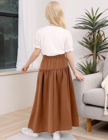Girls Casual Elastic High Waist Maxi Skirt A-Line Long Swing Linen Skirt with Pockets for 4-13 Years in Saudi Arabia