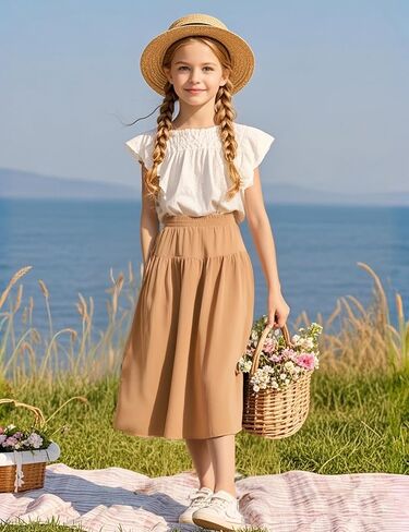 Girls Casual Elastic High Waist Maxi Skirt A-Line Long Swing Linen Skirt with Pockets for 4-13 Years in Saudi Arabia