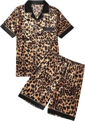WDIRARA Men's 2 Piece Leopard Print Satin Pajama Set Button Down Short Sleeve Shorts Loungewear Sets in Kuwait