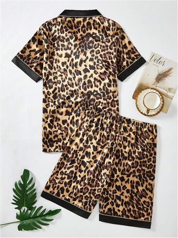 WDIRARA Men's 2 Piece Leopard Print Satin Pajama Set Button Down Short Sleeve Shorts Loungewear Sets in Kuwait