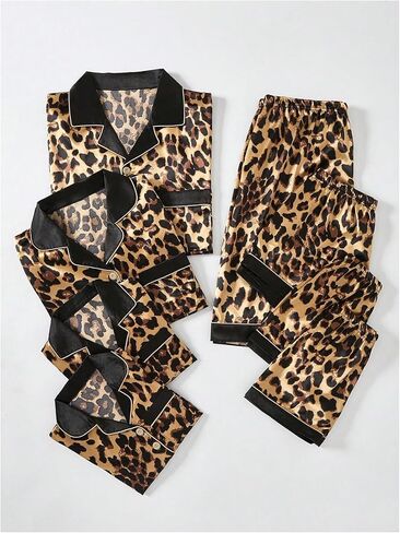 WDIRARA Men's 2 Piece Leopard Print Satin Pajama Set Button Down Short Sleeve Shorts Loungewear Sets in Kuwait
