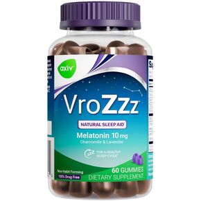 Axiv Vrozzz Melatonin Sleep Aid Gummies ، 10 ملغ الميلاتونين ، يساعدك على النوم بشكل طبيعي ، ومساعدات النوم ، ودعم قيلولة في بعض الأحيان ، البابونج ، الجذر الخزامى والجذر ، 60