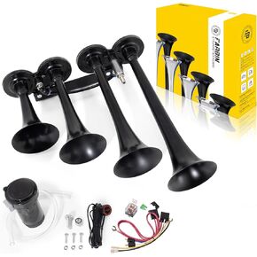 Farbin Truck Air Horn 150dB Train Horn 12V 4 Horn Armet Car Horn للشاحنات ذات الشاحنات الصاخبة الفائقة مع ضاغط لسيارة سيارة بيك آب سيارات سيارات سيارات سيارات الدفع الرباعي غير اللامعة الأسود （الأسود ، مع مضخة هواء）