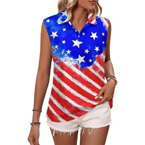 Womens American Flag 4th of July Flag Sleeveless Golf Shirt Athletic Tank Tops Ladies Casual Summer Patriotic US Flag Golf Wear Polo Tennis Shirts for Women Medium