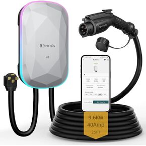 RIPPLEON Level 2 EV Charger 48 Amp 11.5KW J1772 Hardwired 240V Home Electric Car Charger Smart WiFi Enabled Electric Vehicle Charging Station ETL FCC EnergyStar Certified with 25ft Cable White