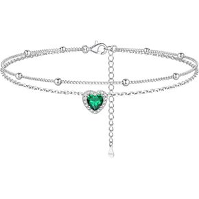 Silvora 925 Sterling Silver Birthstone Ankle Bracelet for Women - Adjustable Double-Layer Sparkling Heart Zircon Anklet Beach Jewelry for Summer