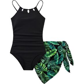 Girls Swimsiut One-Piece Bathing Suit with Mesh Cover Ups Adjustable Straps Cut Out Swimwear Size 7-16