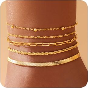 Gold Anklets for Women, Waterproof 14k Gold Plated Paperclip Herribone Cable Beaded Cuban Link Chain Anklets Set, Summer Beach Boho Jewelry Adjustable Size