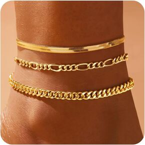 Gold Anklts for Women,14k Gold Plated Ankle Bracelets for Women, Waterproof Layered Cuban Figaro Link Chain Anklets Set Gold Anklets Jewelry Gift Adjustable Size