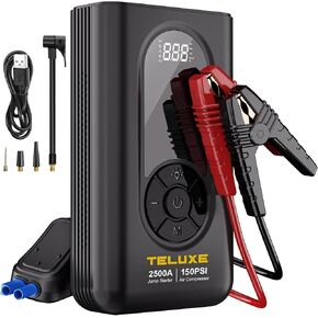 TELUXE Jump Starter with Air Compressor, 2500A 150PSI Car Battery Jump Starter with Digital Tire Inflator, 12V Lithium Jump Box for Vehicles, Car Battery Booster for 8.5L Gas or 6.0L Diesel Engines.